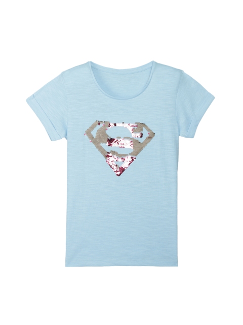 Kids Ville Girls Blue Supergirl Embellished T-shirt