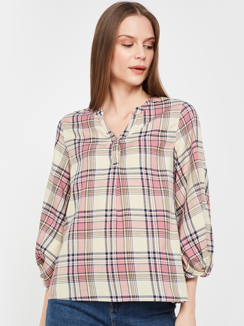 Fame Forever by Lifestyle Women Beige Checked Pure Cotton Top