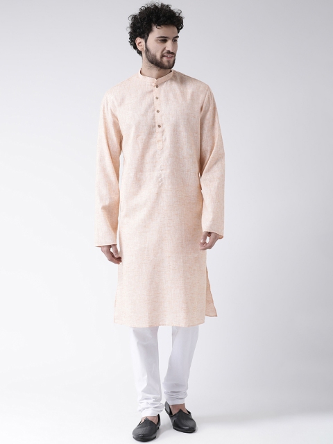 TABARD Men Peach-Coloured & White Solid Kurta with Churidar