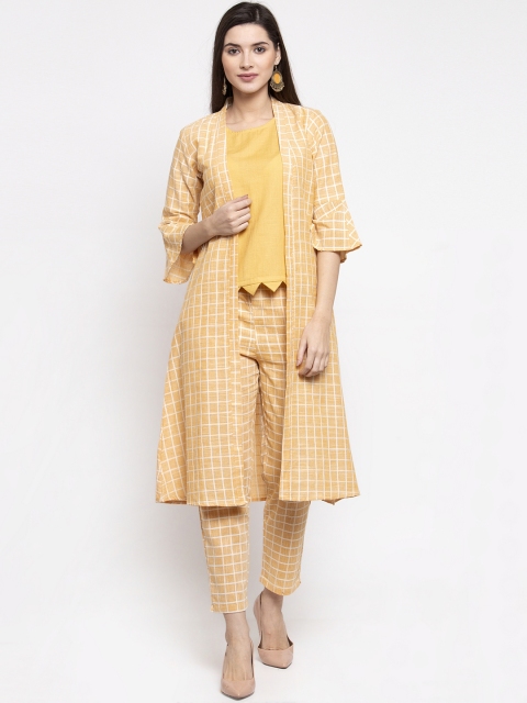 Indibelle Women Yellow & White Printed Kurti with Trousers