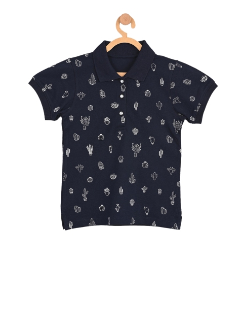 Stupid Cupid Girls Navy Blue & White Printed Polo Collar T-shirt