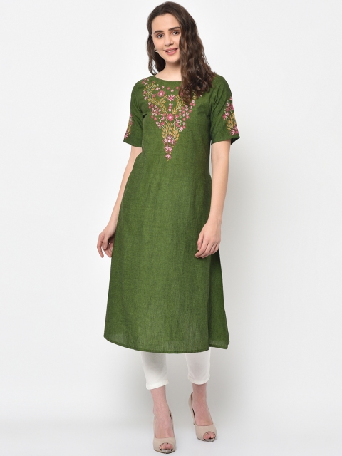 FLAVIDO Women Green & Pink Yoke Design A-Line Kurta
