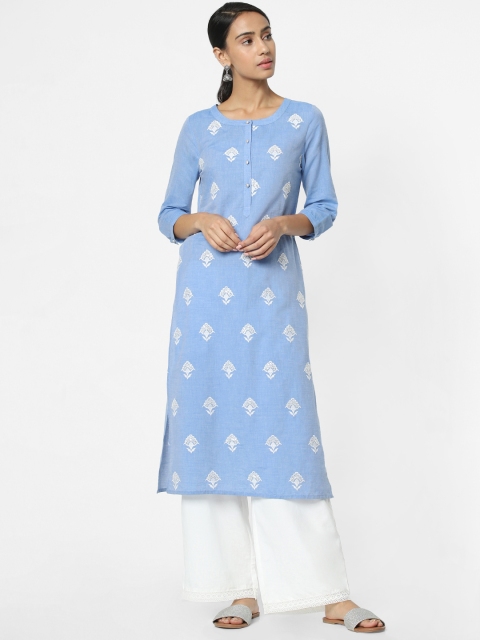 Naari Women Blue & White Embroidered A-Line Kurta