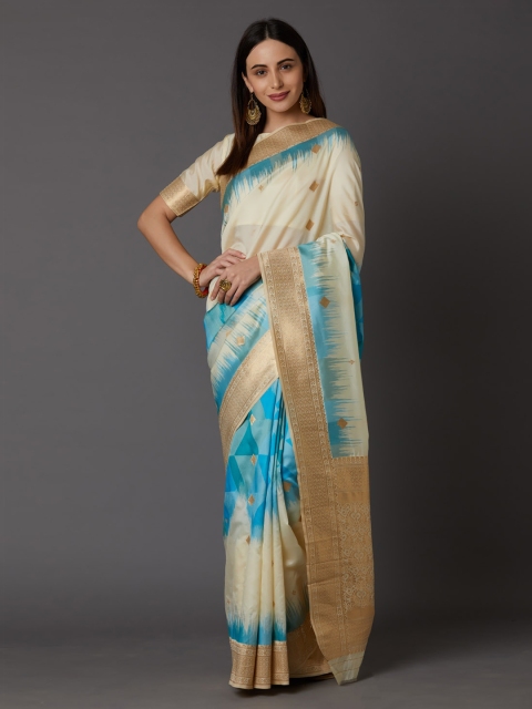 Mitera Cream-Coloured & Blue Silk Blend Woven Design Banarasi Saree