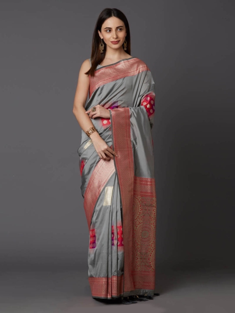 Mitera Grey & Pink Silk Blend Woven Design Banarasi Saree