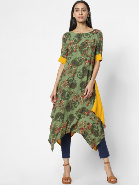 Naari Women Yellow & Green Printed A-line Kurta