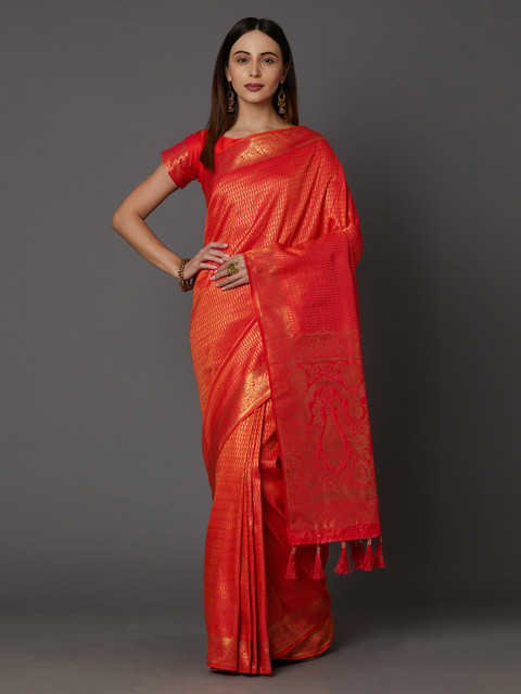 Mitera Pink & Gold-Coloured Silk Blend Woven Design Banarasi Saree
Mitera Pink & Gold-Coloured Silk Blend Woven Design Banarasi Saree