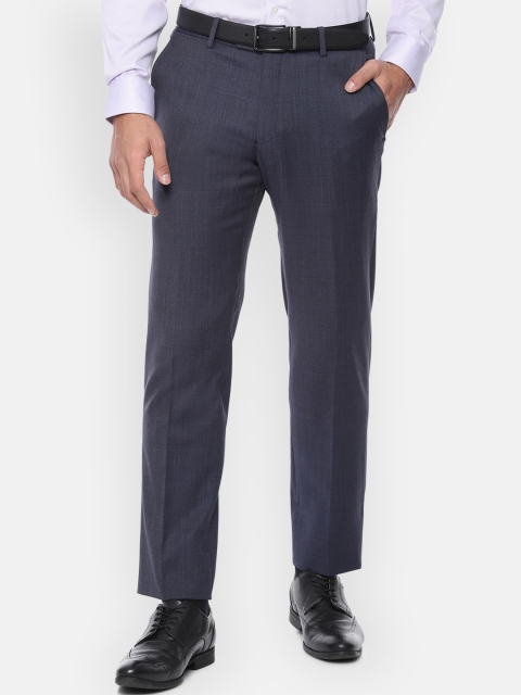 Louis Philippe Men Navy Blue Regular Fit Checked Formal Trousers