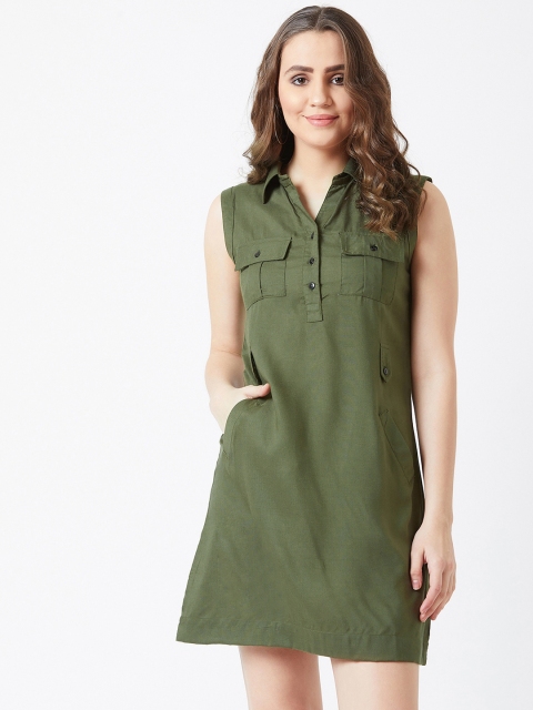 The Dry State Women Olive Green Solid Shirt Dress