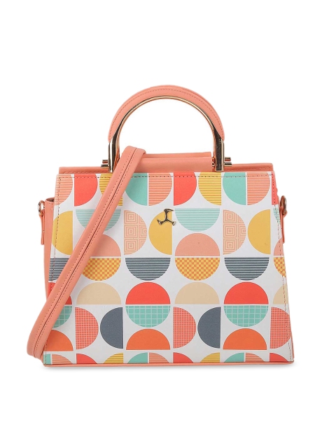 Mochi White & Peach-Coloured Printed Handheld Bag