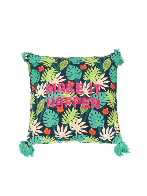 Chumbak Green & Pink Single Floral Square Cushion Cover