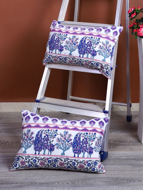 Rajasthan Decor White & Purple Set of 2 Ethnic Motifs Rectangle Cushion Covers