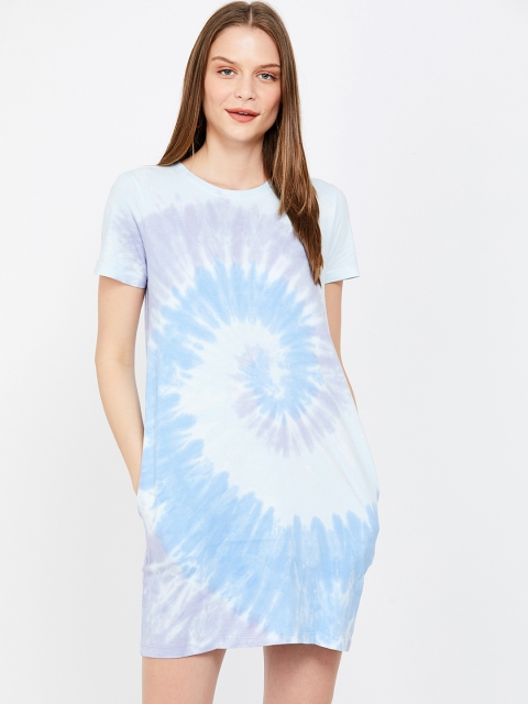 Ginger by Lifestyle Women Blue & White Dyed T-shirt Dress