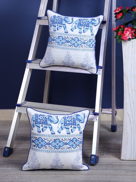 Rajasthan Decor White & Blue Set of 2 Ethnic Motifs Square Cushion Covers