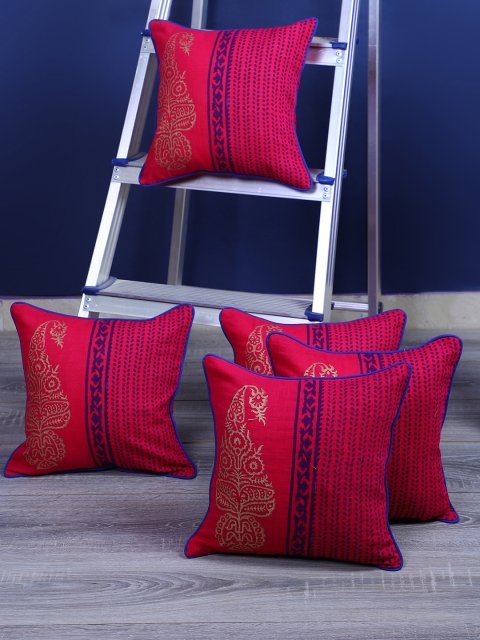 Rajasthan Decor Pink & Blue Set of 5 Ethnic Motifs Square Cushion Covers