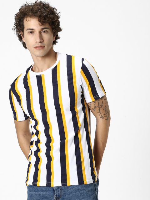 Celio Men Navy Blue White Striped Round Neck Pure Cotton T-shirt