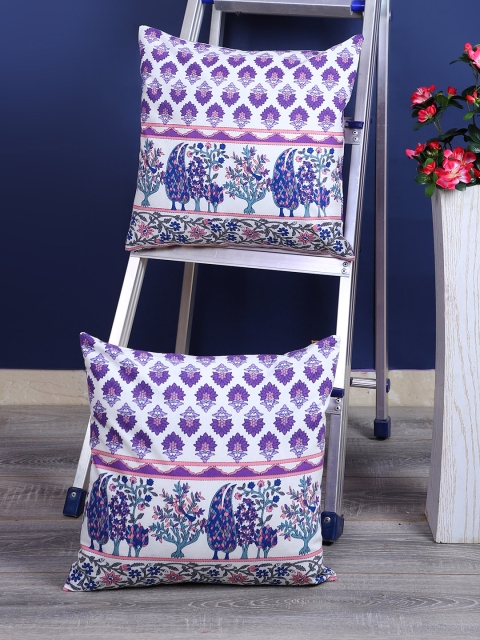 Rajasthan Decor White & Purple Set of 2 Ethnic Motifs Square Cushion Covers