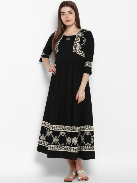 ETHNIC STREET Women Black & Off-White Printed A-Line Kurta