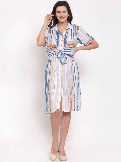 Ayaany Women White Striped Shirt Dress
