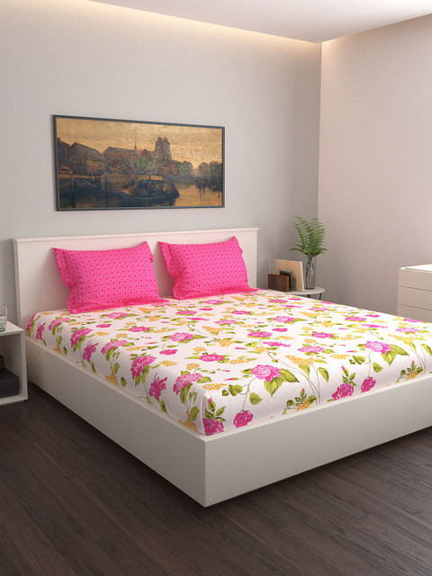 GRES HOME Pink & Beige Floral 120 TC Cotton 1 Queen Bedsheet with 2 Pillow Covers 
GRES HOME Pink & Beige Floral 120 TC Cotton 1 Queen Bedsheet with 2 Pillow Covers