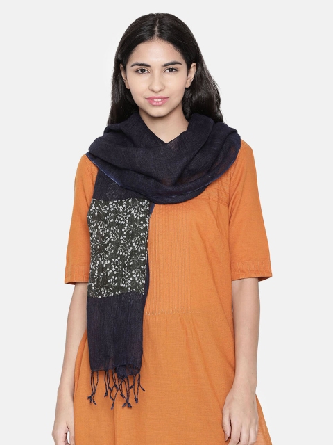 Linen Club Women Navy Blue & Green Linen Printed Stole
