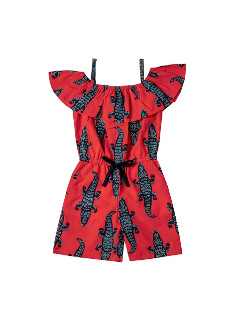 Kid Studio Girls Red & Black Printed Playsuit