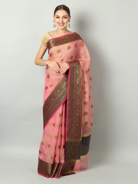 EthnicRoom Pink & Golden Handloom Woven Design Banarasi Saree