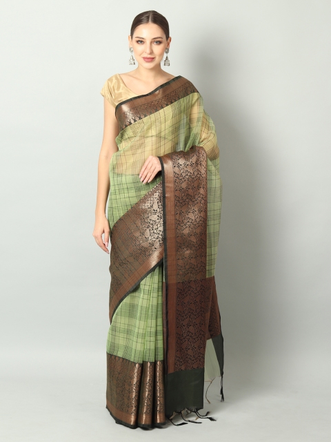 EthnicRoom Green & Black Organza Checked Handloom Banarasi Saree