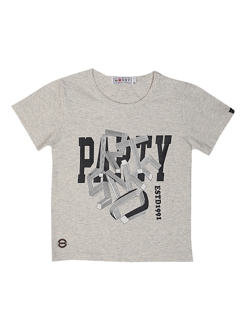 Noddy Boys Grey Melange & Black Printed Round Neck T-shirt
