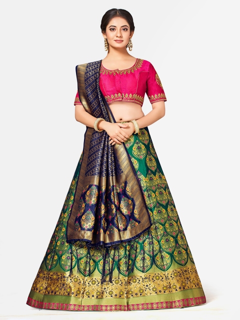 MIMOSA Green & Blue Embroidered Semi-Stitched Lehenga & Blouse with Dupatta