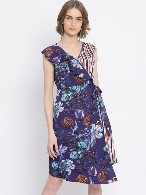 Oxolloxo Women Blue & Red Printed Wrap Dress
