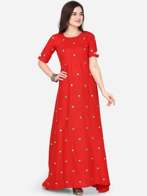 Silk Bazar Women Red Embroidered Maxi Dress