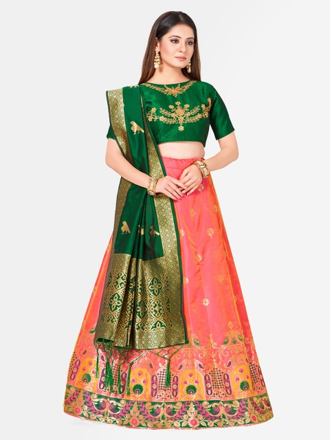 MIMOSA Pink & Green Embroidered Semi-Stitched Lehenga & Blouse with Dupatta