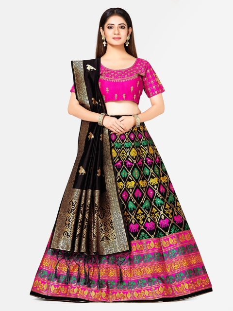MIMOSA Pink & Black Embroidered Semi-Stitched Lehenga & Blouse with Dupatta