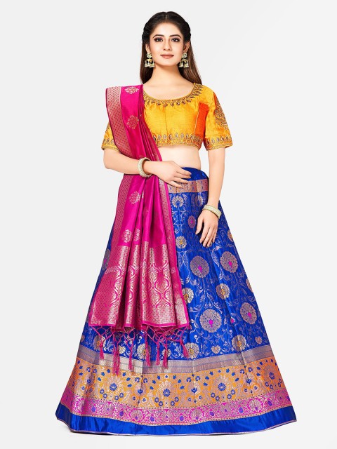 MIMOSA Yellow & Blue Woven Design Semi-Stitched Bridal Lehenga & Blouse with Dupatta