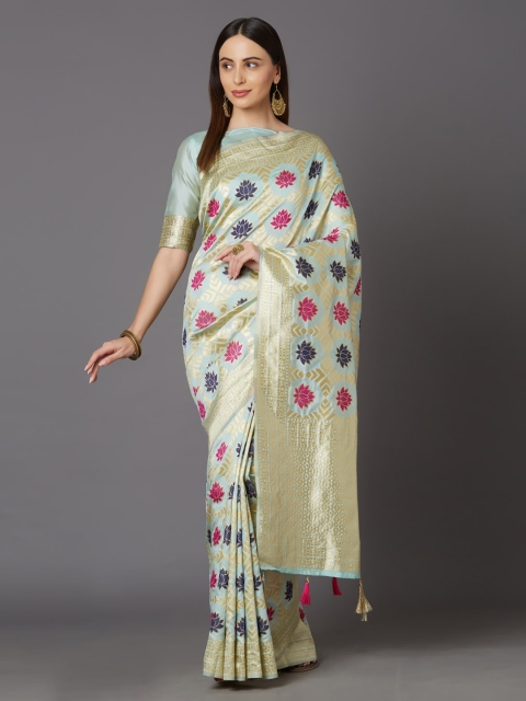 Mitera Blue & Gold-Toned Silk Blend Woven Design Kanjeevaram Saree
