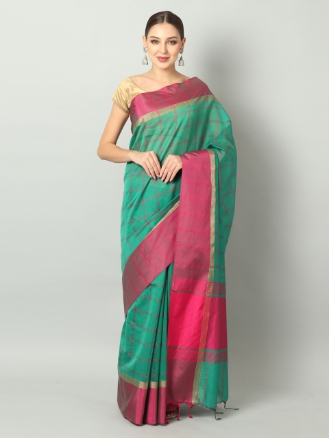 EthnicRoom Green & Red Handloom Checked Banarasi Saree