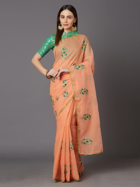 Mitera Peach-Coloured & Green Linen Blend Embroidered Chanderi Saree