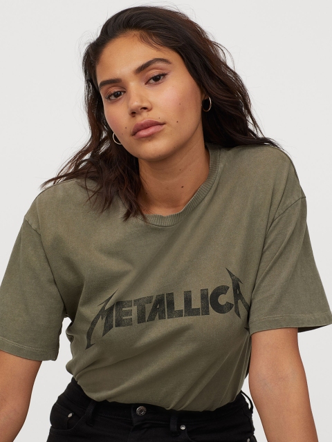 H&M Women Green Metallica Oversized Printed T-shirt