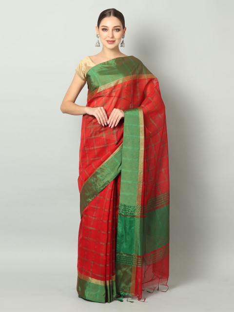 EthnicRoom Red & Green Handloom Checked Chanderi Saree