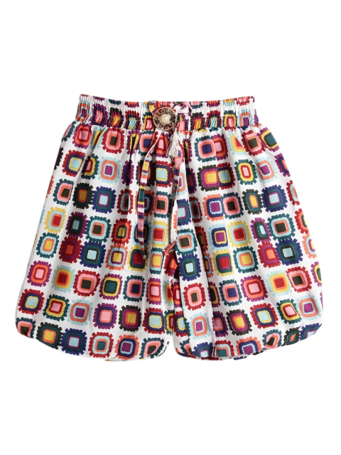 SWEET ANGEL Girls Off-White & Blue Printed Loose Fit Hot Pants