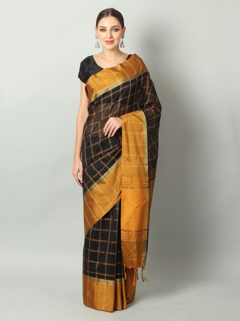 EthnicRoom Black & Yellow Handloom Checked Chanderi Saree