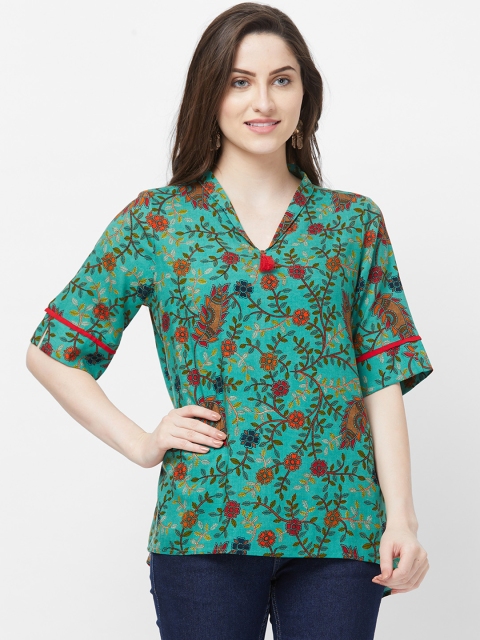 Fusion Beats Women Green & Red Printed High-Low Top
