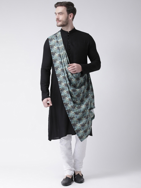 DEYANN Men Black & Blue Solid Straight Kurta With Attached Drape