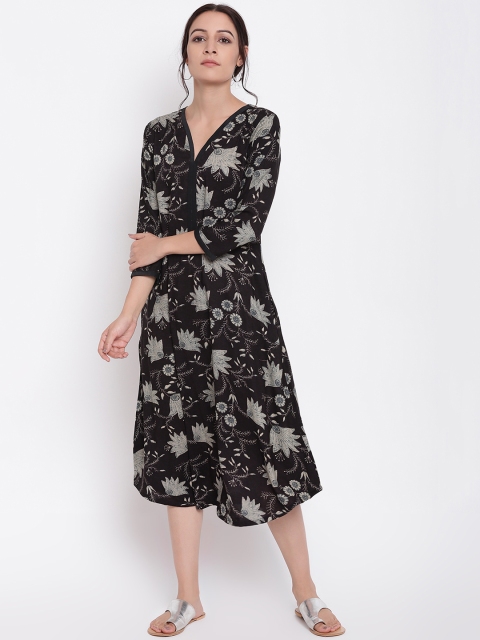 trueBrowns Women Black Printed A-Line Dress