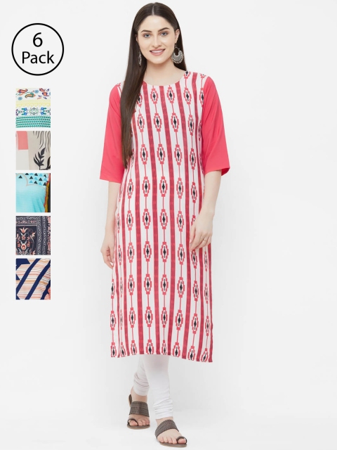 7Threads Women Pack of 6 Printed Straight Kurtas, White