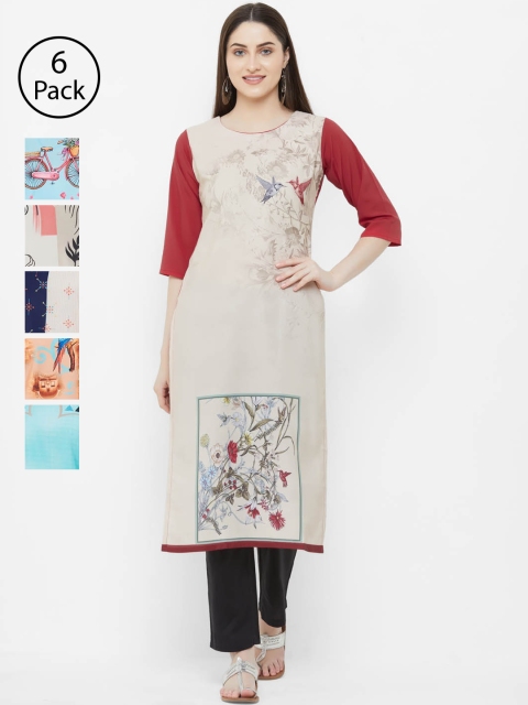 7Threads Women Pack of 6 Printed Straight Kurtas, Beige