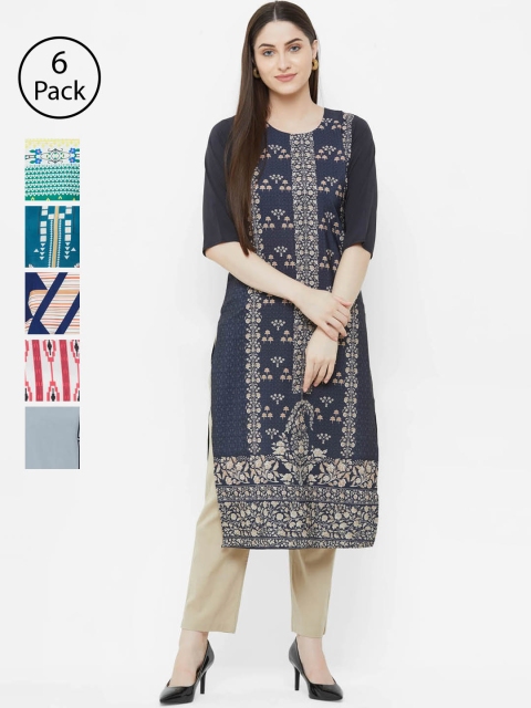 7Threads Women Pack of 6 Printed Straight Kurtas, Navy blue