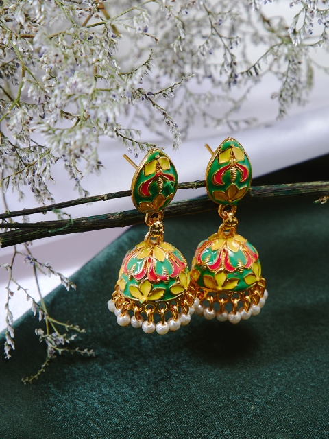 ZeroKaata Yellow & Green Dome Shaped Jhumkas