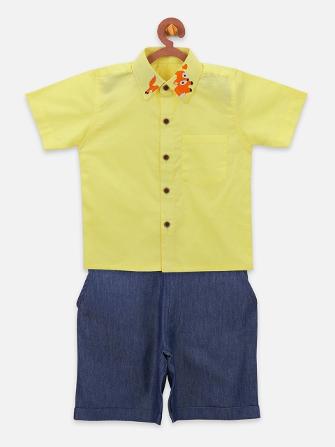 LilPicks Boys Yellow & Navy Blue Embroidered Shirt with Denim Shorts